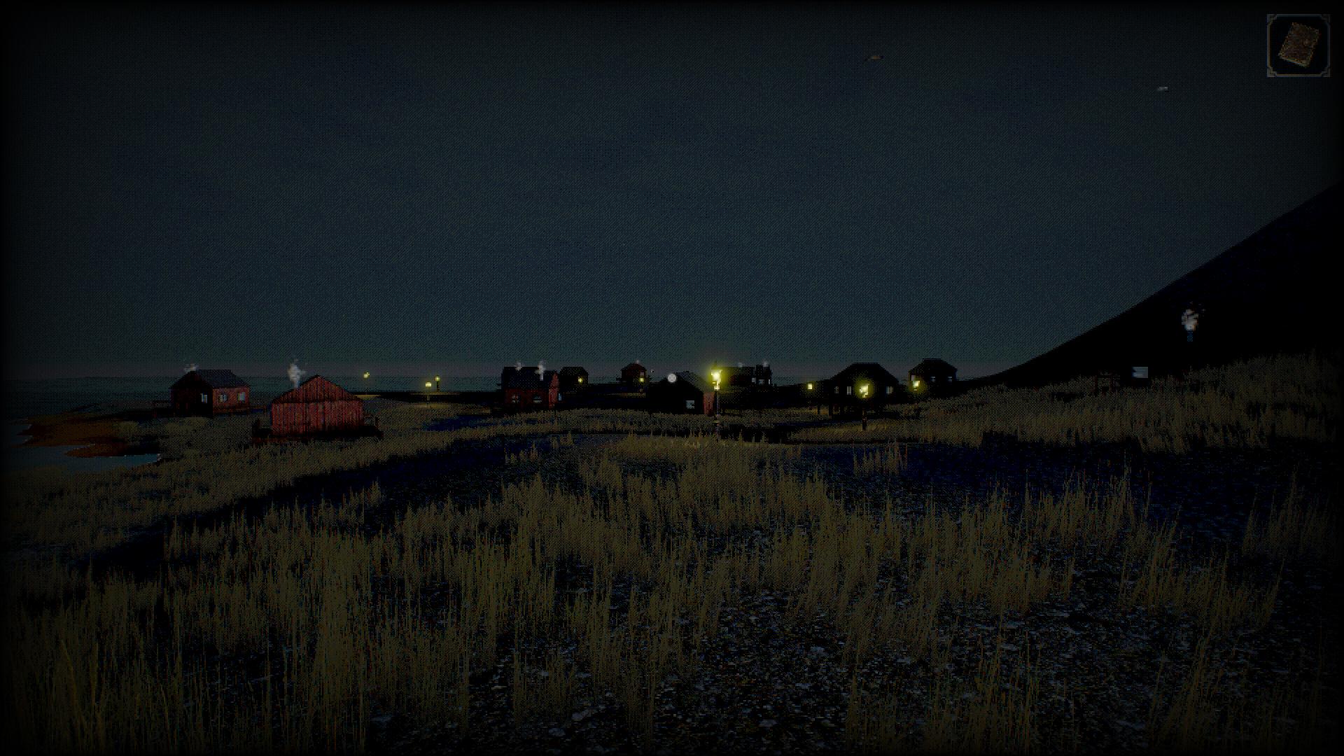 A coastal settlement at night on the island of Holmrik