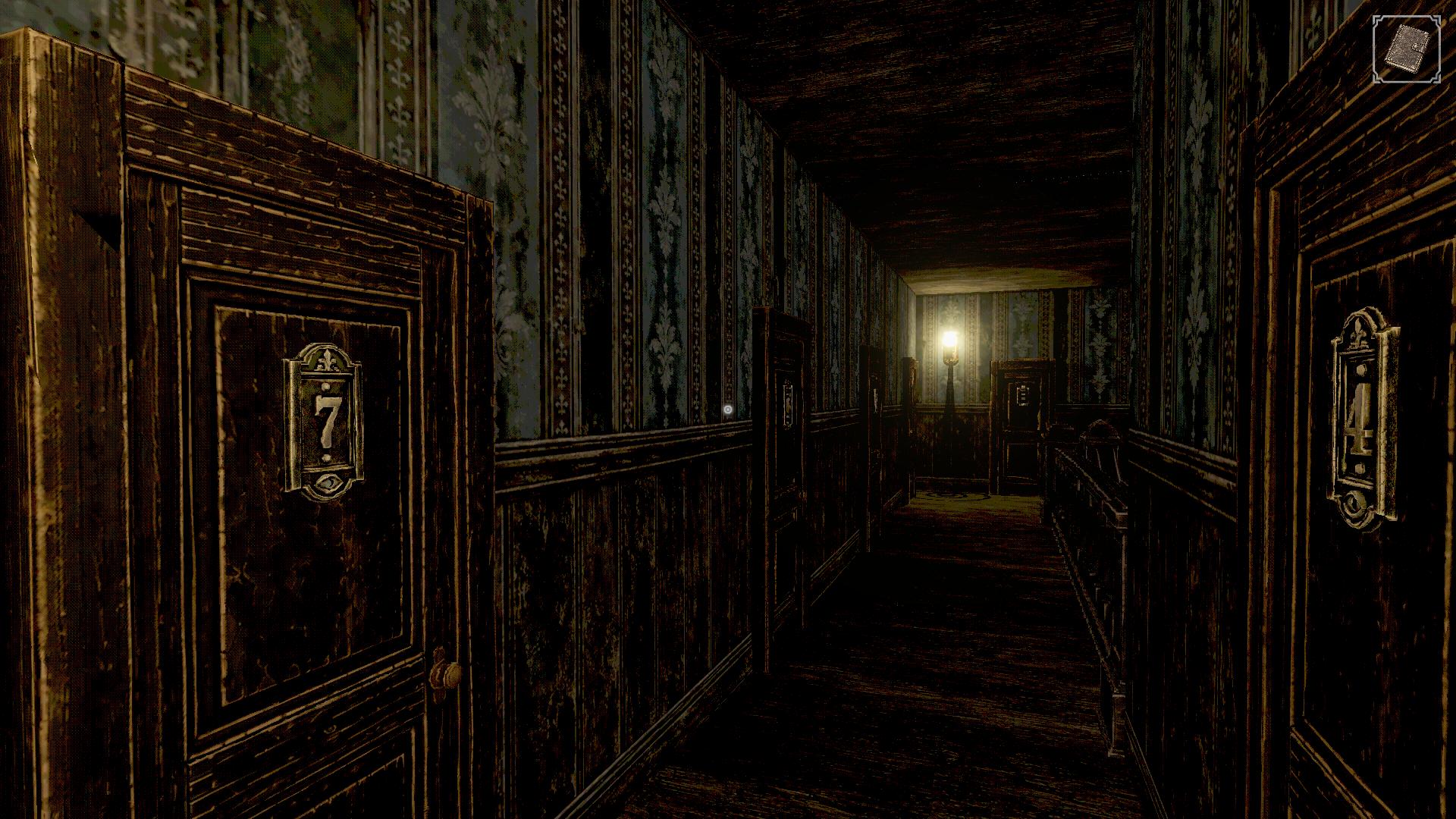 A dim corridor lined with numbered wooden doors