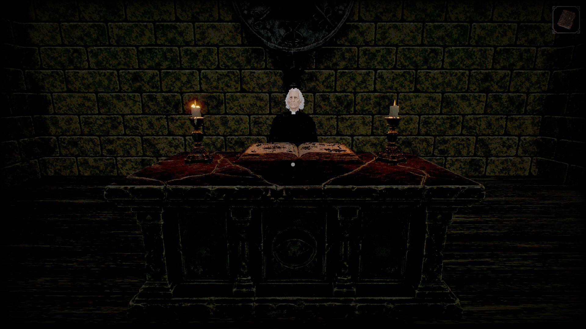 A figure seated behind an open book between two candles