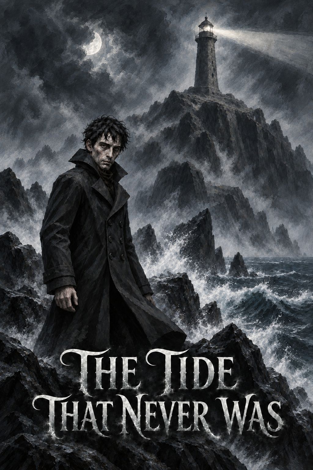The Tide That Never Was cover: a man on a stormy coast beneath a lighthouse